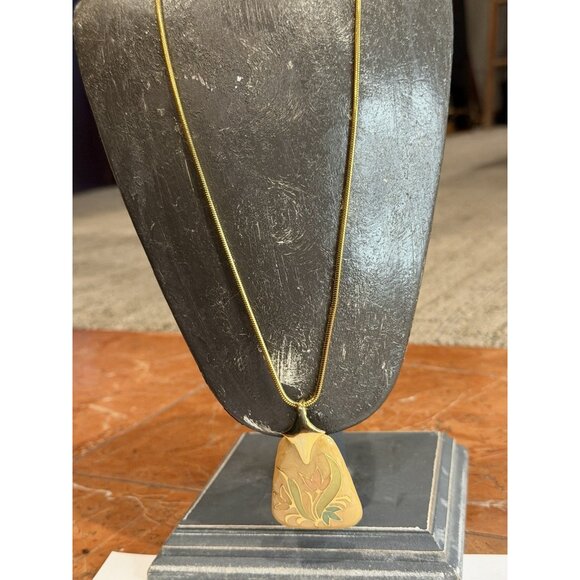 VINTAGE GOLD SNAKE CHAIN TULIP CLOISONNE ENAMEL FLOWER PENDANT 24" NECKLACE EUC - Picture 7 of 11